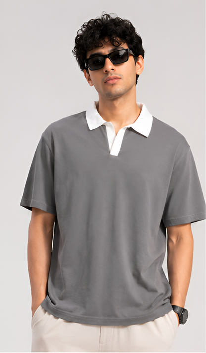 Johnny Collar Oversized  Polo Light Grey