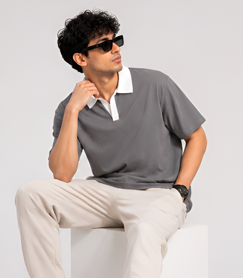 Johnny Collar Oversized  Polo Light Grey
