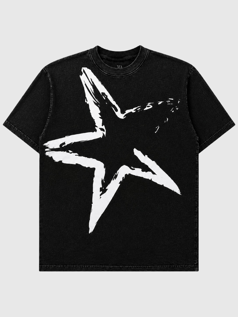 Star Oversized Acid Wash T-Shirt-Black