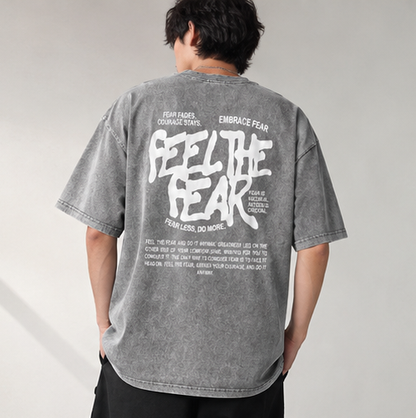 Feel the Fear Oversized Acid Wash T-Shirt- Vintage Grey