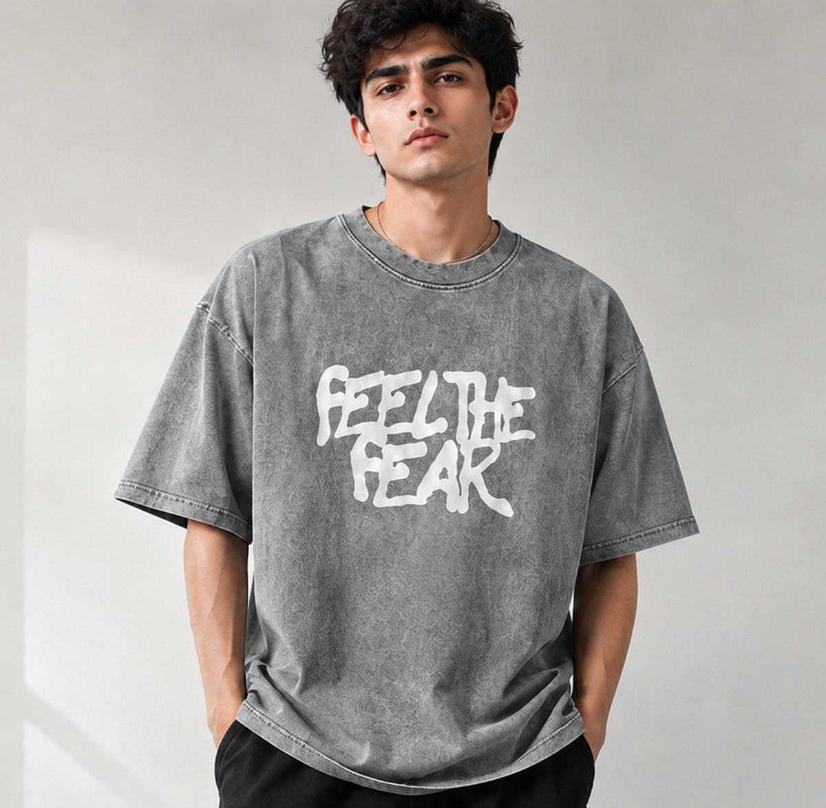 Feel the Fear Oversized Acid Wash T-Shirt- Vintage Grey