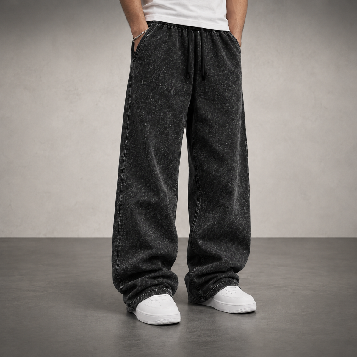 Acid Wash Baggy Fit Trouser – Charcoal Black